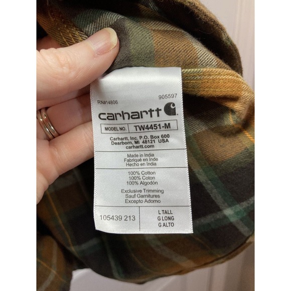Carhartt Loose Fit Heavyweight Flannel Plaid Green Orange Shirt Mens L Tall NWT - Picture 6 of 9